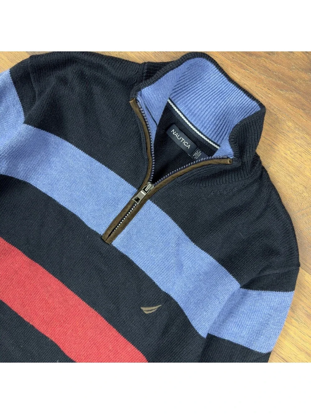 Nautica Striped Quarter Zip Sweater Mens M Navy Blue Red